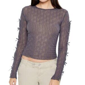 Forever 21 Chevron Jacquard Sheer Cutout Crop Top Gray Velvet Bow Women’s L NWT